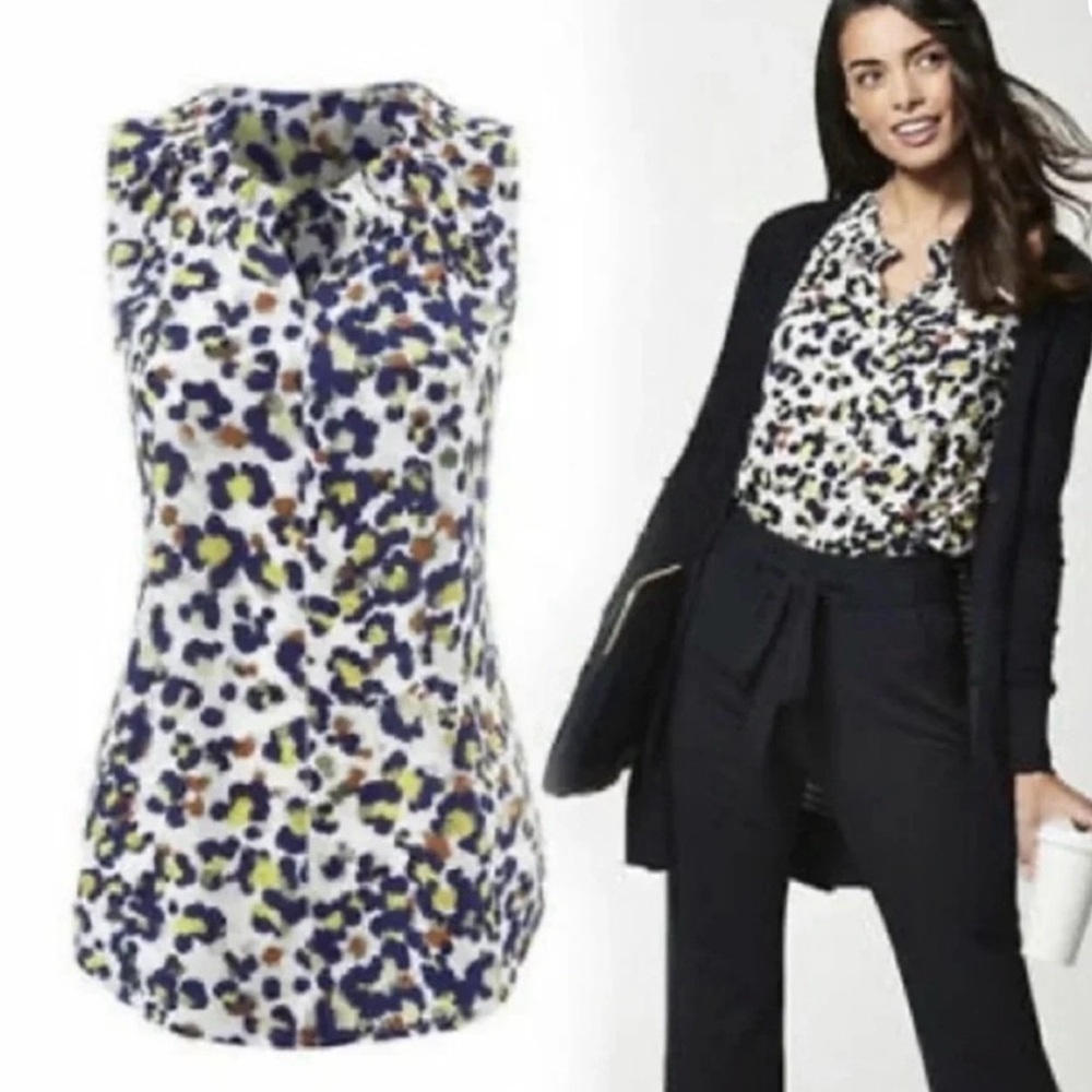 CAbi Seeing Spots Fierce White Yellow Blue Style # 5222 Sleeveless Blouse XL